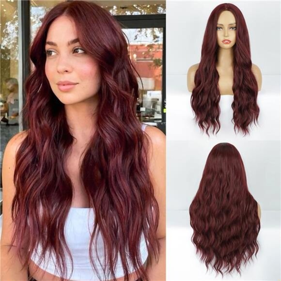 Red Wig Long Wavy Wig For Women Middle Part Wavy Wigs Synthetic Heat Resistant - Picture 1 of 5
